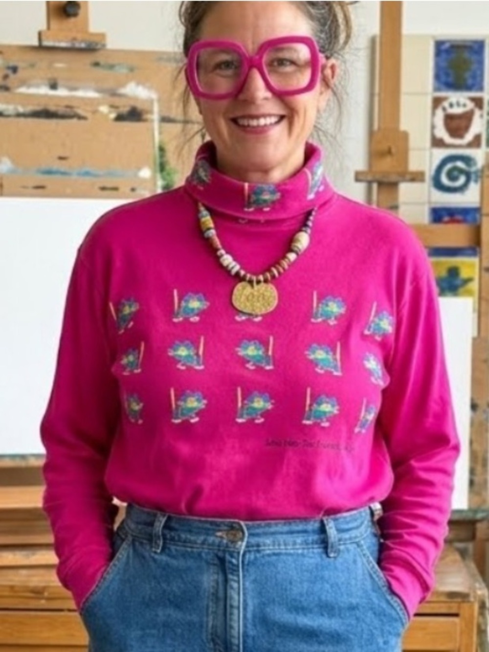 Vintage Limited Edition X Linda Anne Quirky Cat Print Turtleneck Magenta Large